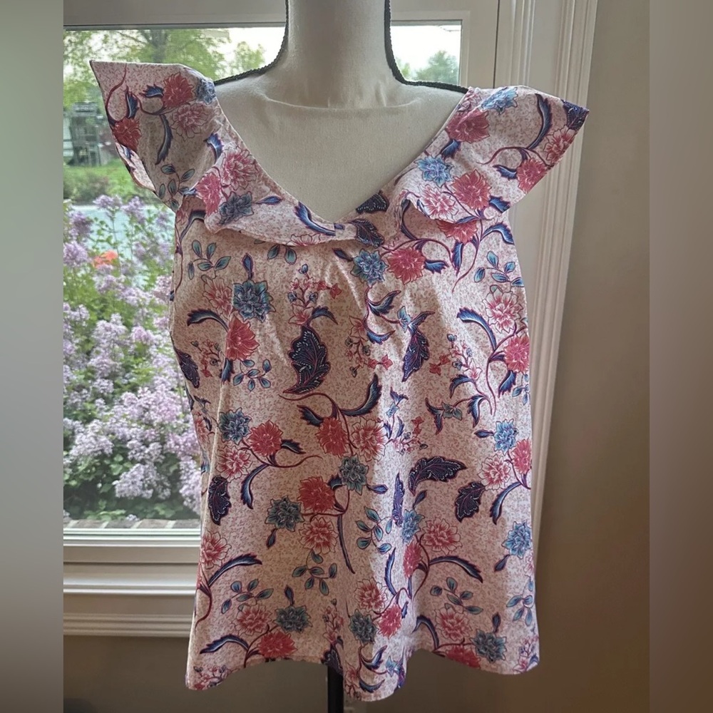 NWT H HALSTON Batik Blossom Ruffle Tie Back Sleeveless Blouse Top Size XL Floral